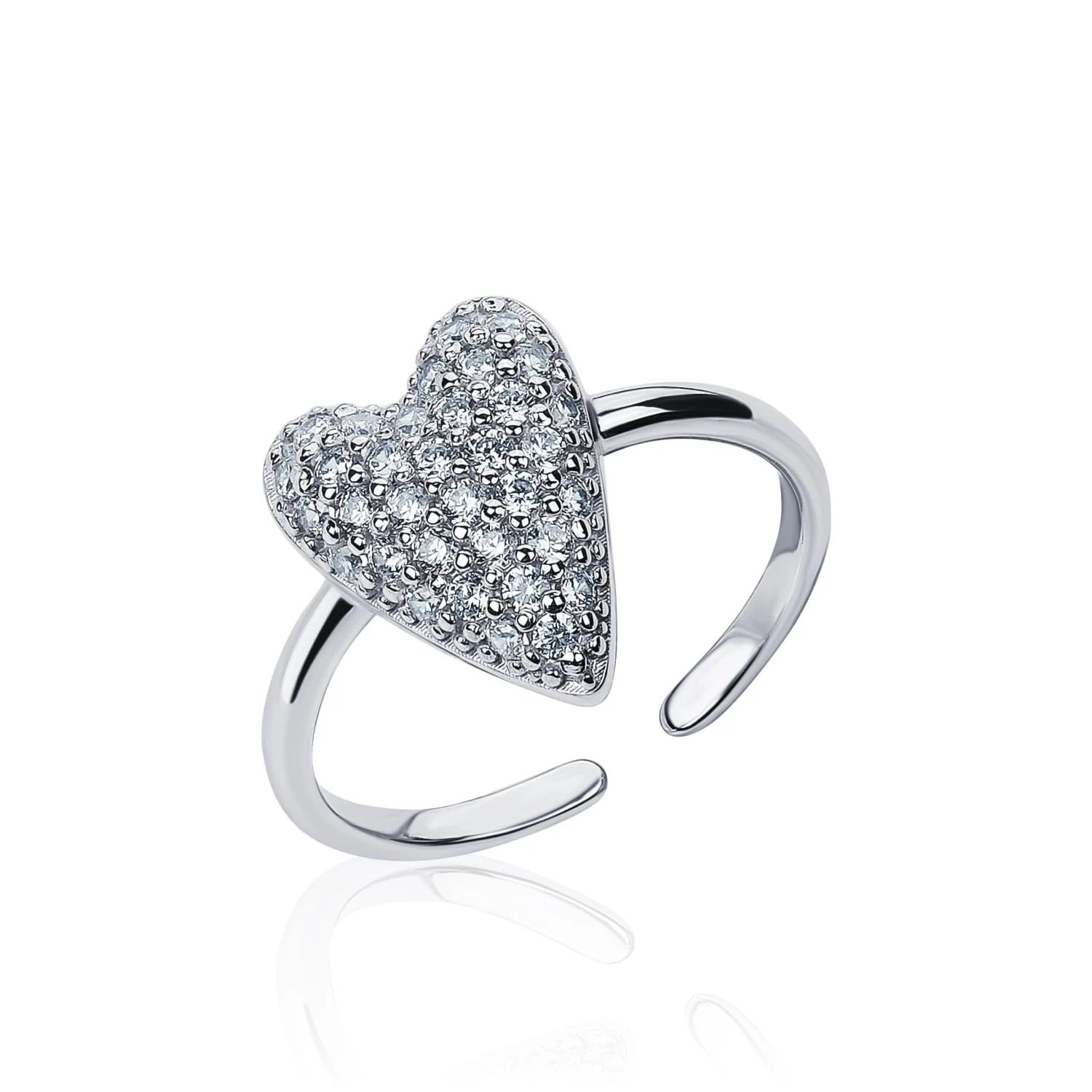 Регулируемое серебряное кольцо сердце с фианитами MIESTILO 