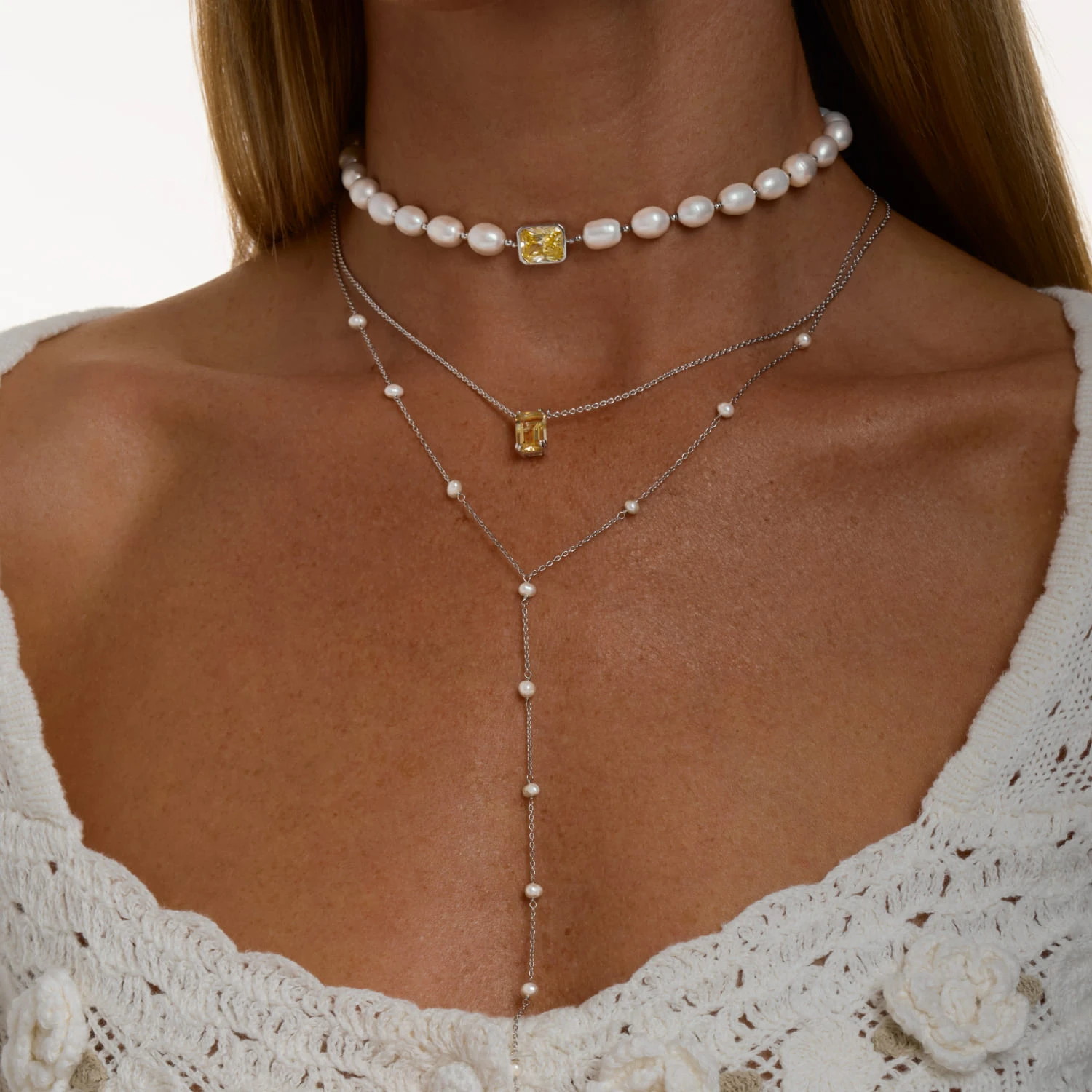 Серебряный чокер СИЦИЛИЯ из жемчуга с желтым фианитом