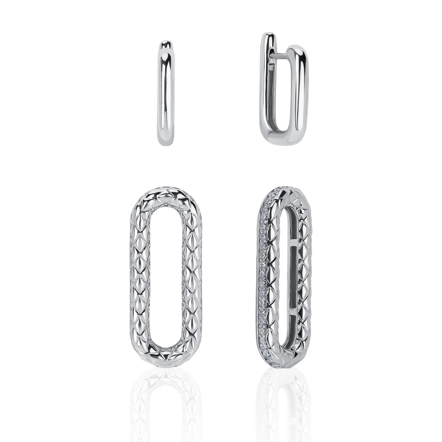 Серебряные серьги-трансформеры с фактурными овалами и фианитами