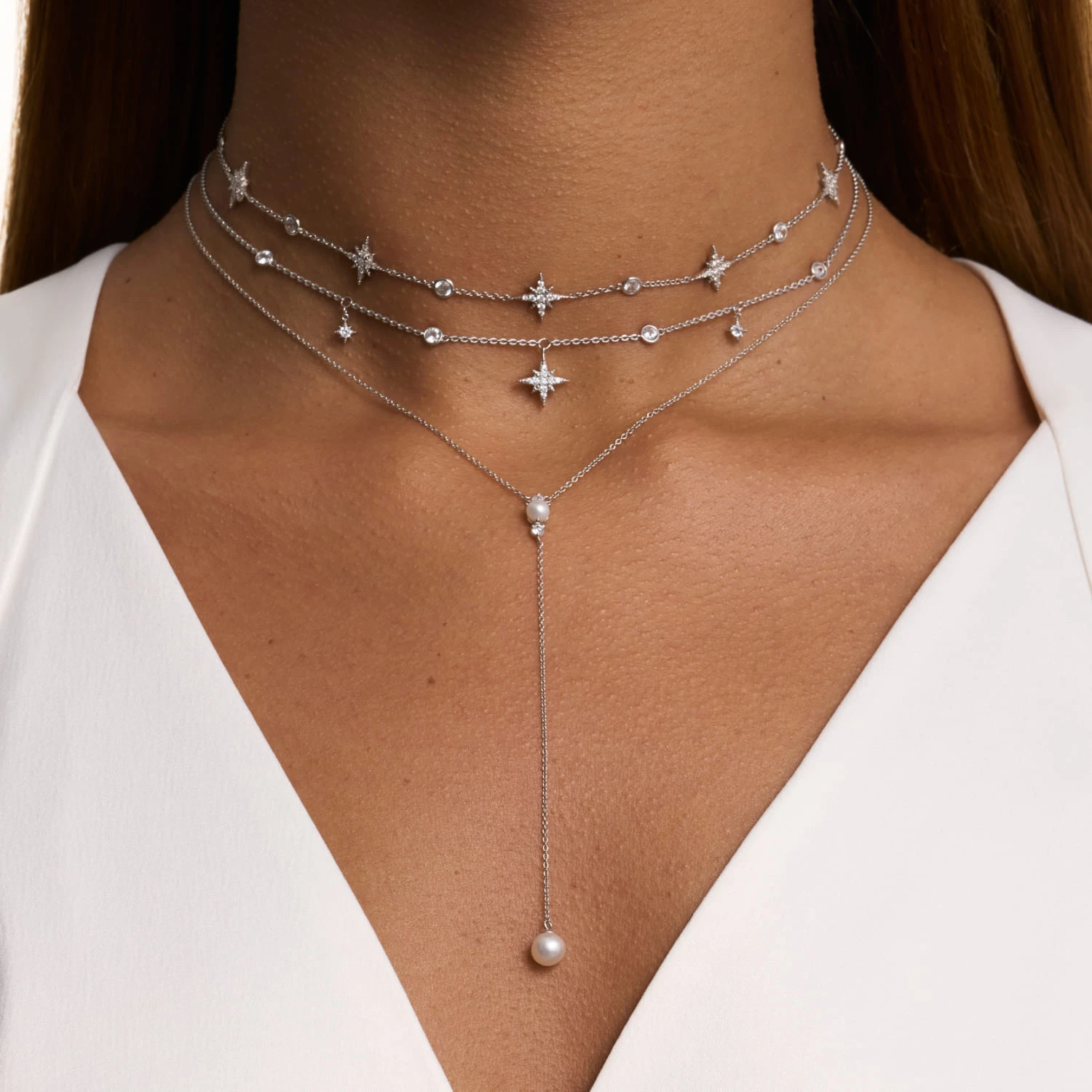 Серебряное колье со звёздами и фианитами Isida