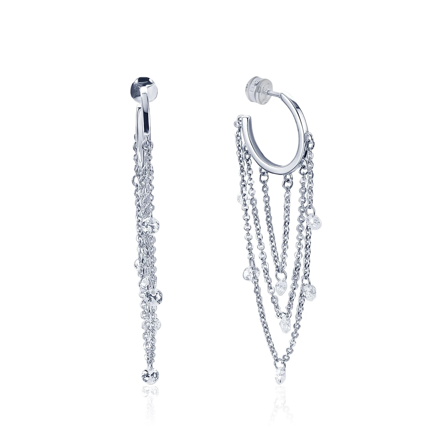 Серебряные серьги - кольца с цепочками и фианитами "Невесомость"