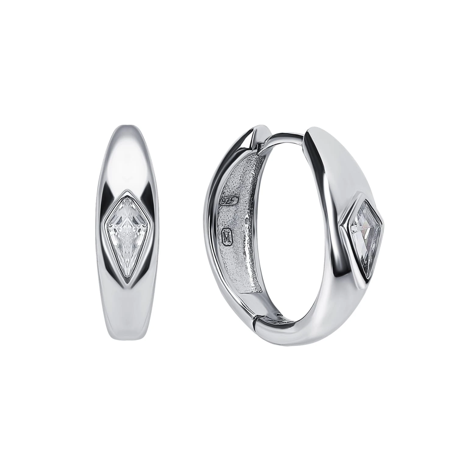 Серебряные серьги кольца с фианитом в виде ромба MIESTILO 
