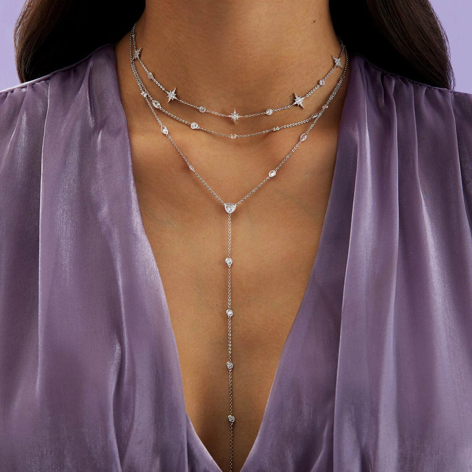 Двойное колье-галстук из серебра с фианитами