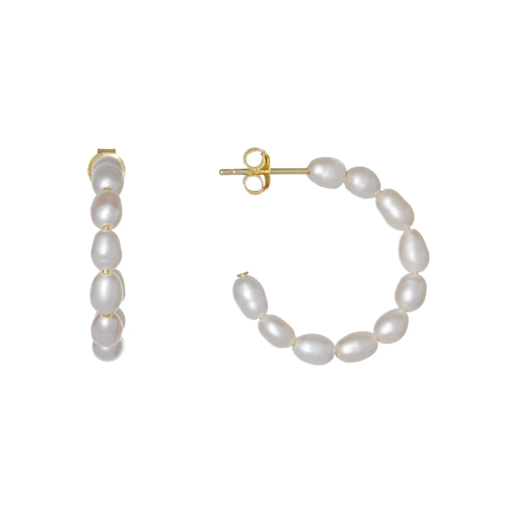 Позолоченные серьги-кольца из серебра с натуральным жемчугом