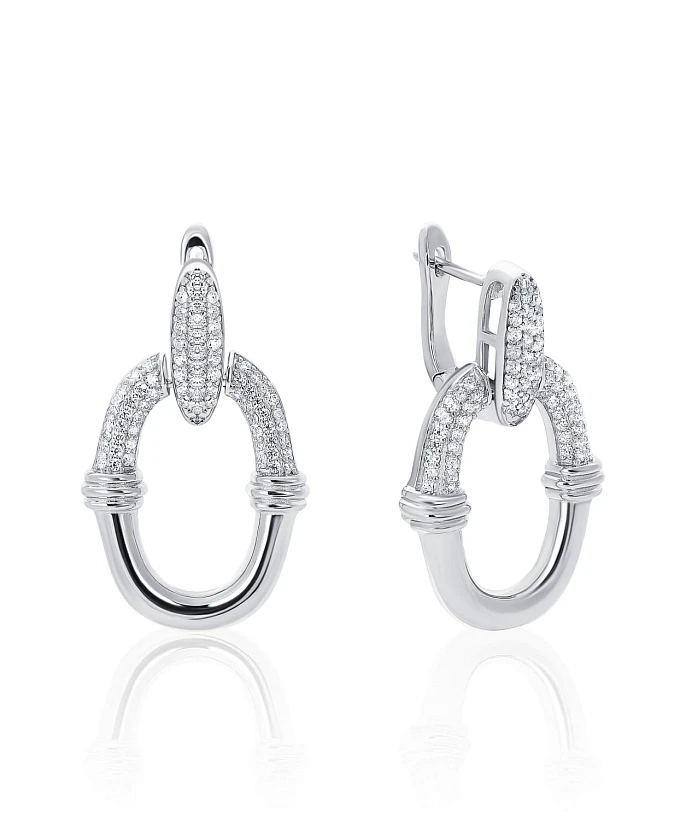 Серебряные крупные серьги-овалы с фианитами