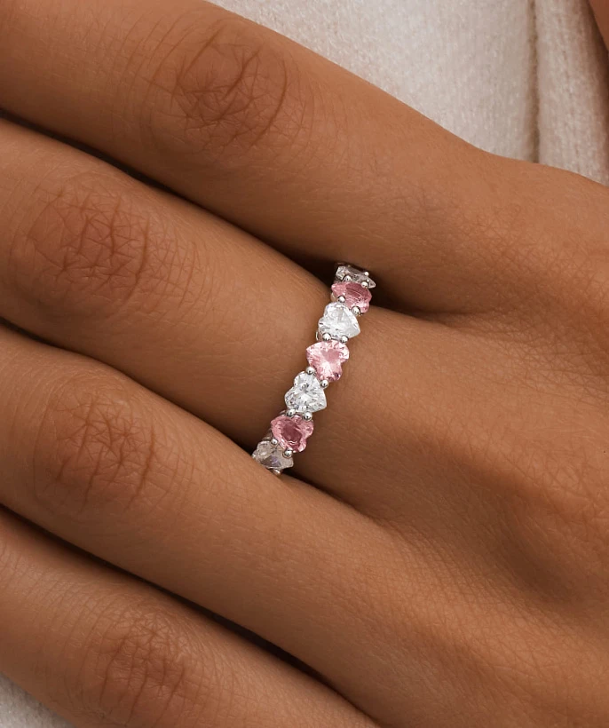 Серебряное кольцо ЛЮБОВЬ с белыми и розовыми сердцами