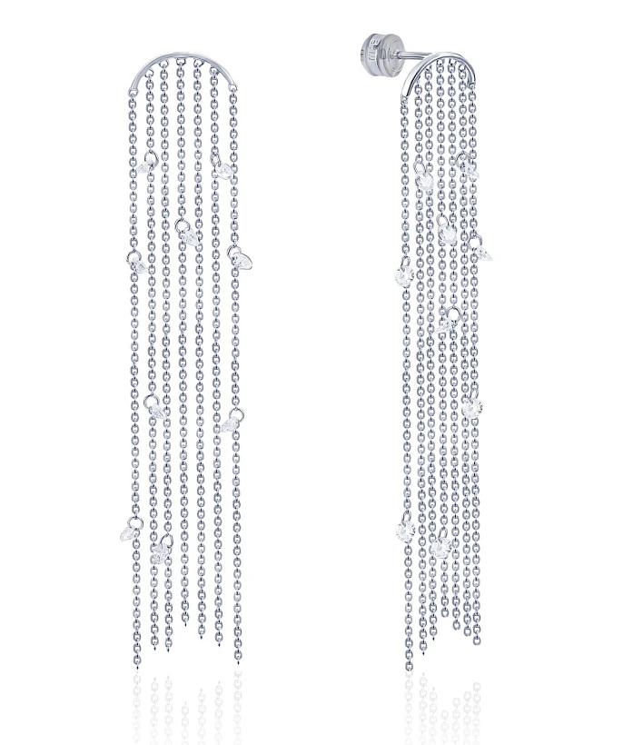 Длинные серебряные серьги с цепями и фианитами "Невесомость"