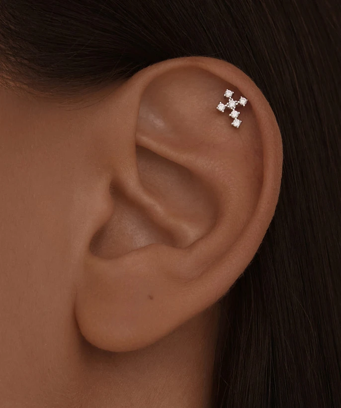 Серебряный пирсинг крест с фианитами MIESTILO