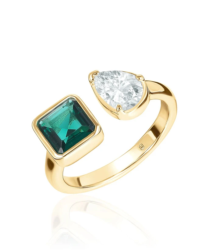 Позолоченное кольцо с фианитами в огранках квадрат и груша MIESTILO 