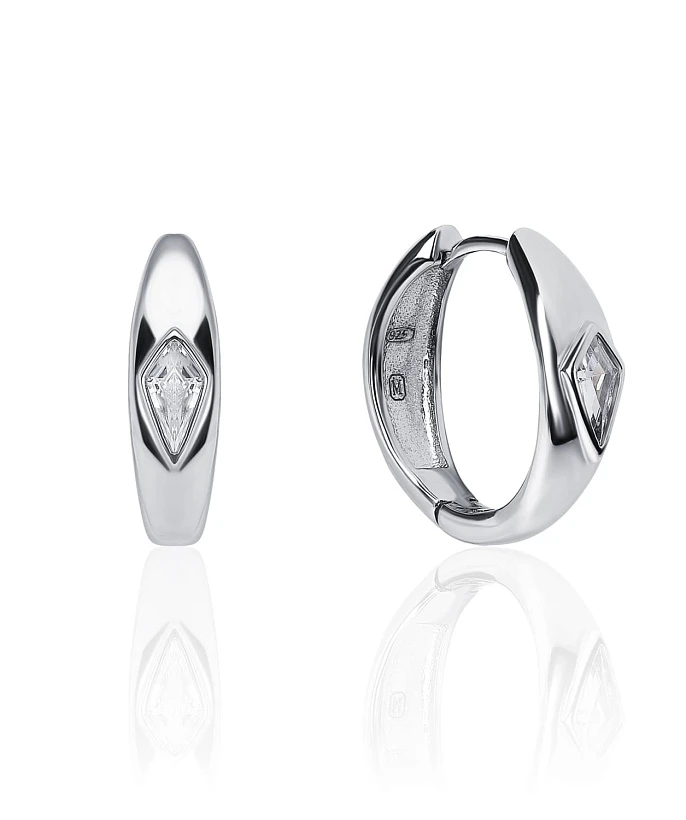 Серебряные серьги кольца с фианитом в виде ромба MIESTILO 