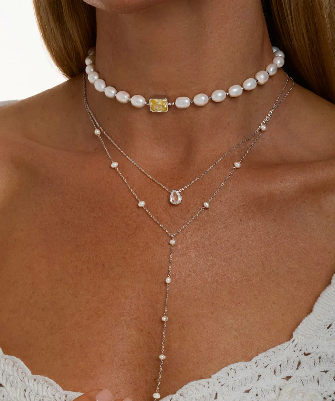 Серебряный чокер СИЦИЛИЯ из жемчуга с желтым фианитом