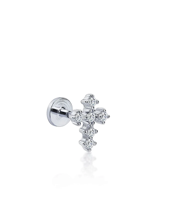 Серебряный пирсинг крест с фианитами MIESTILO