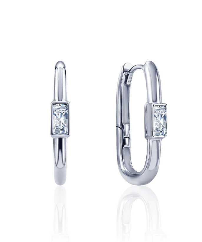 Серебряные серьги-кольца с белыми фианитами в огранке багет