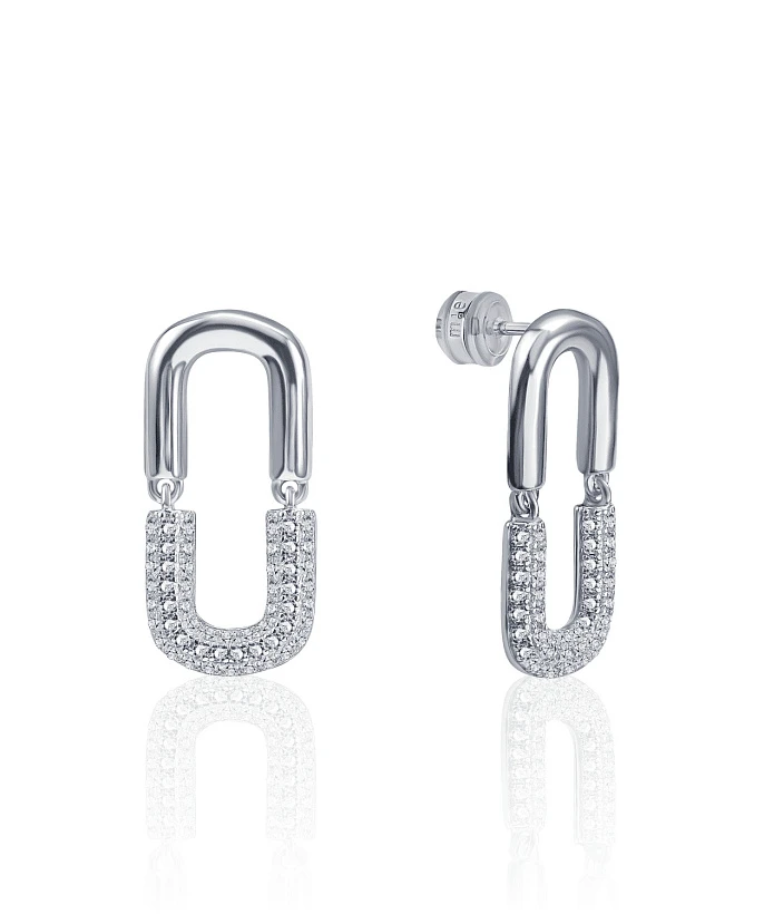 Серьги-подвесы с фианитами овальные серебряные