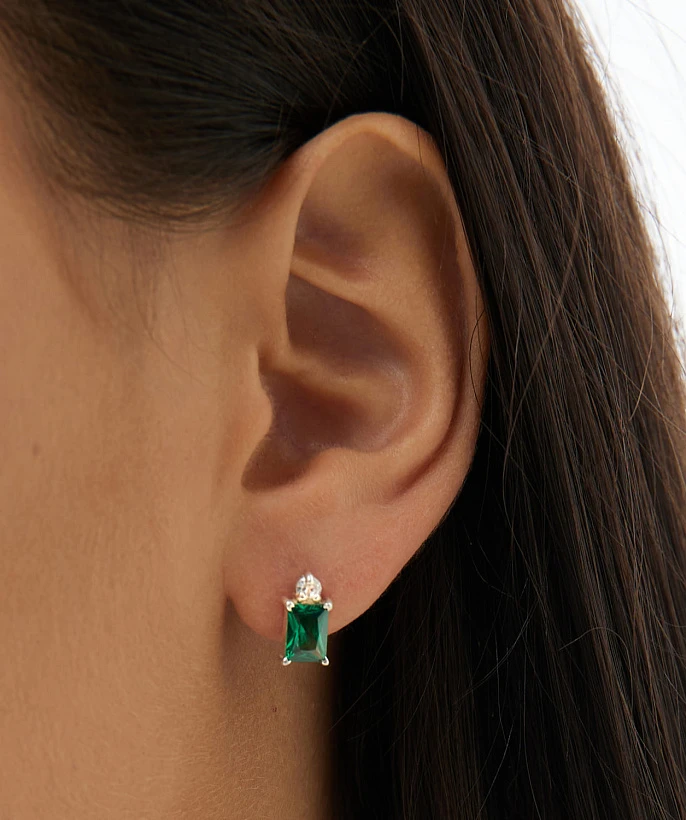 Серьги пусеты "Энергия" с зелёным фианитом из серебра