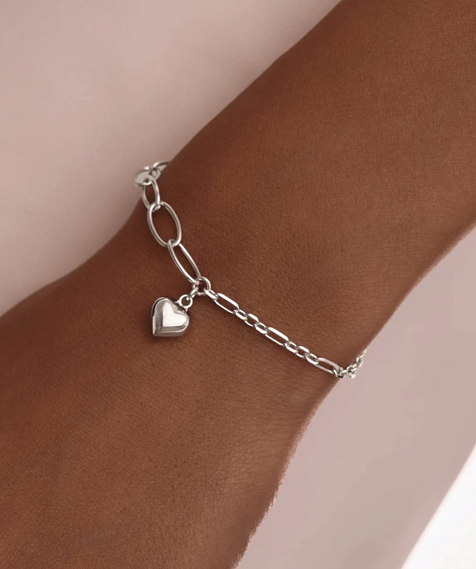 Акцентный серебряный браслет с дутым сердцем и 2 видами цепочки MIESTILO