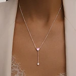 Серебряное колье-галстук ЛЮБОВЬ с розовым и белым сердцами