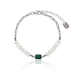Серебряный браслет с синтетическим малахитом и культивированным речным жемчугом MIESTILO