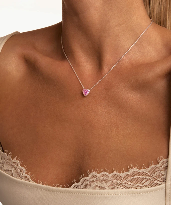 Серебряное колье ЛЮБОВЬ с розовым сердцем