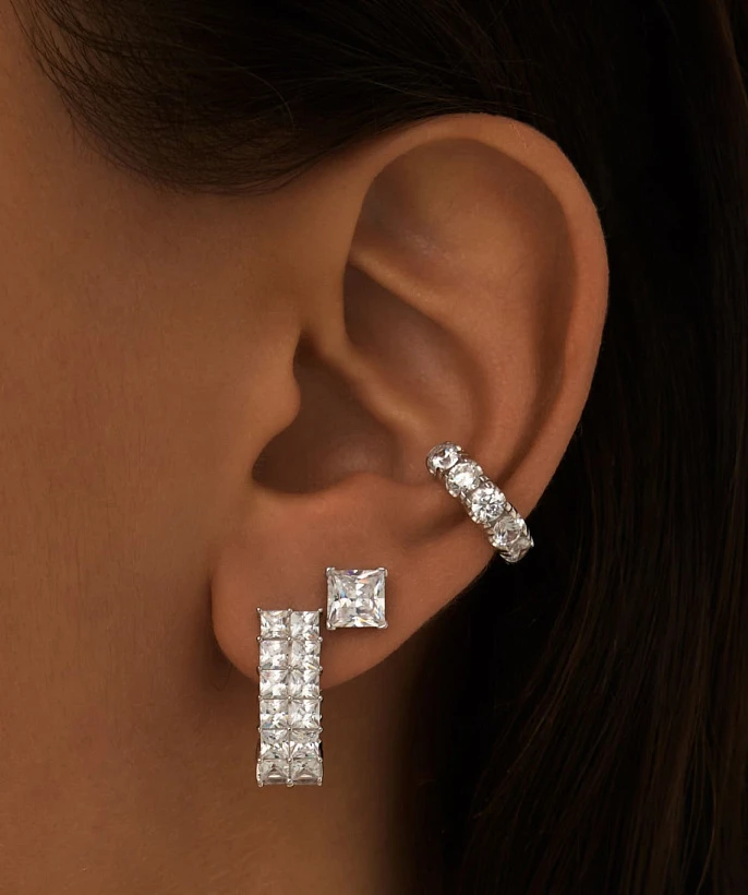 Серебряные двойные серьги с фианитами