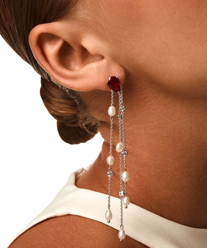 Серебряные серьги SICILIA с красным камнем и подвесками с жемчугом