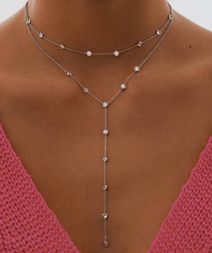 Длинное колье-галстук из серебра с фианитами MIESTILO