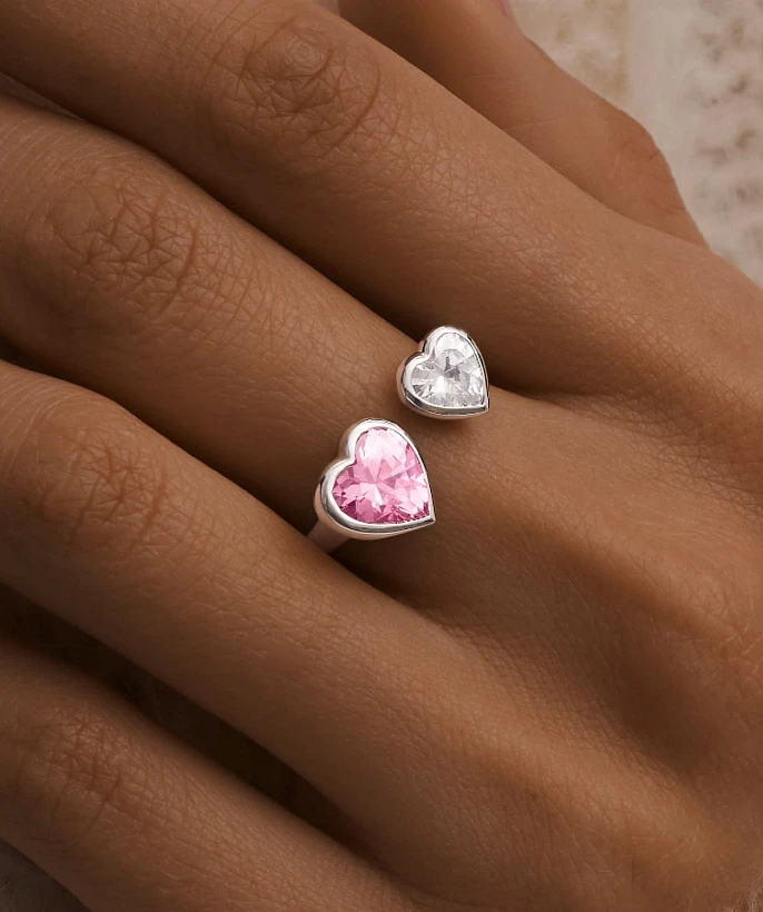 Серебряное разомкнутое кольцо SWEETHEART с двумя сердцами