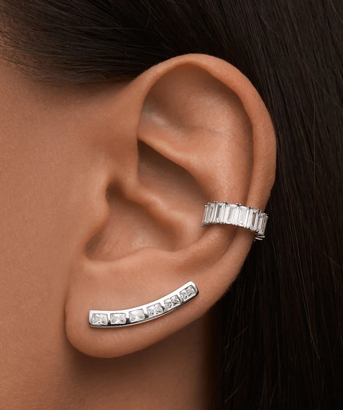 Серебряные серьги-клаймберы с фианитами Baguette