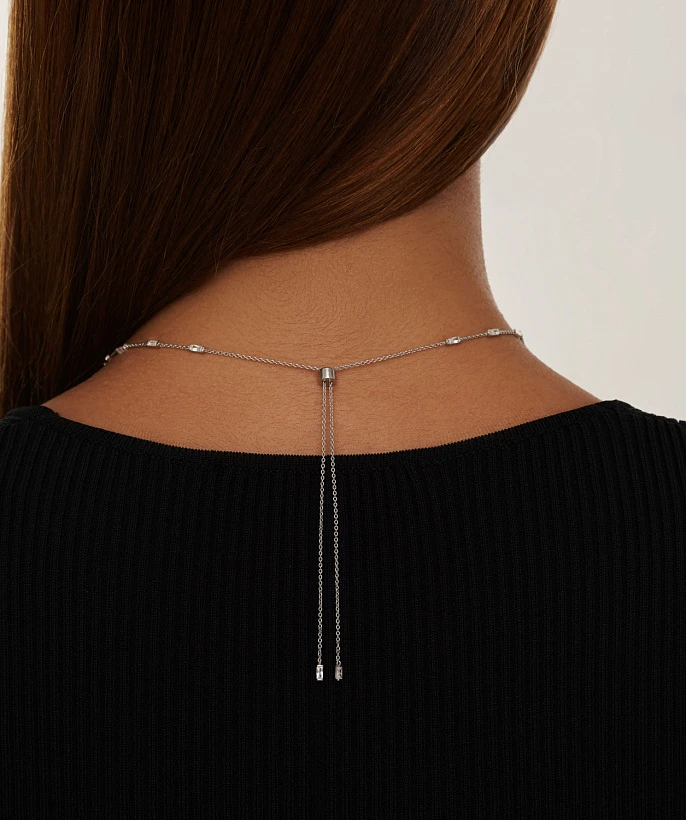 Серебряное колье-галстук Midnight с фианитами в огранке Багет 