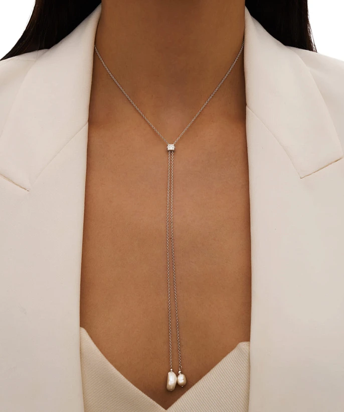 Серебряное колье-галстук СИЦИЛИЯ с жемчугом