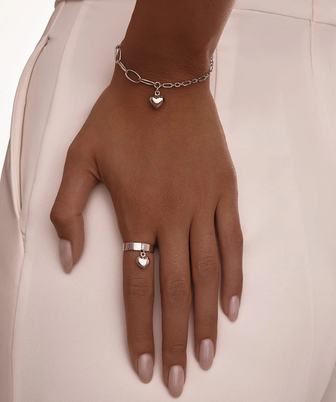 Акцентный серебряный браслет с дутым сердцем и 2 видами цепочки MIESTILO
