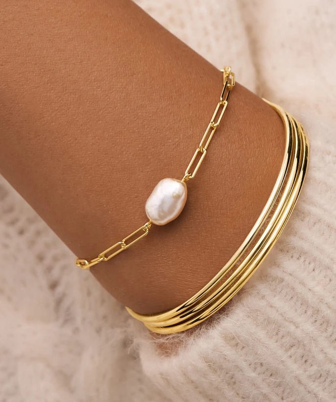 Серебряный браслет DIANA с натуральным жемчугом в покрытии желтое золото