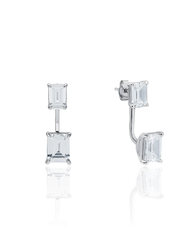 Серебряные серьги трансформеры с фианитами в огранке багет MIESTILO 