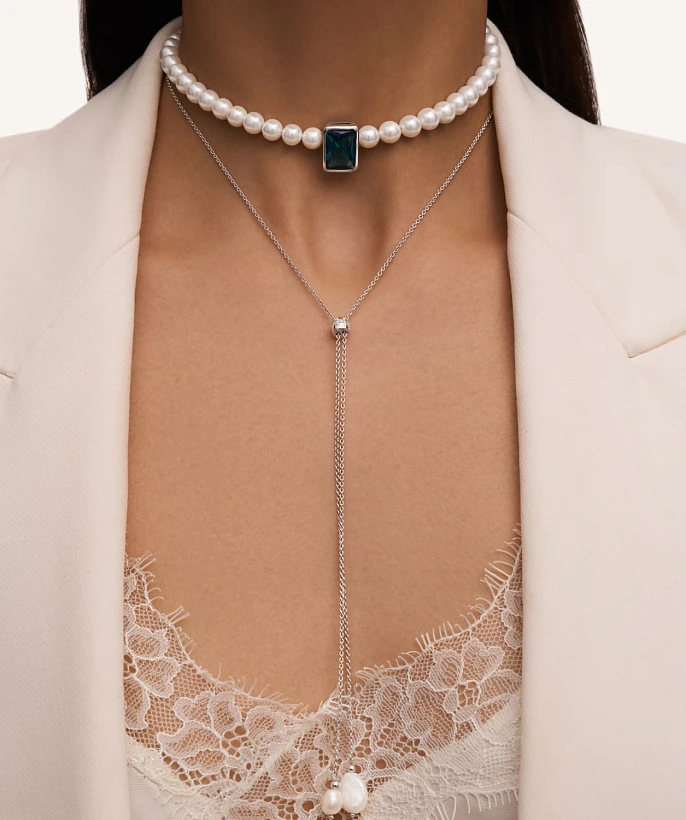 Серебряное колье-галстук SICILIA с жемчугом