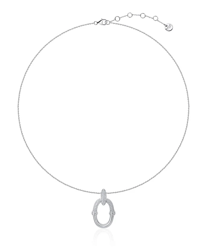 Серебряное колье с крупной овальной подвеской с фианитами