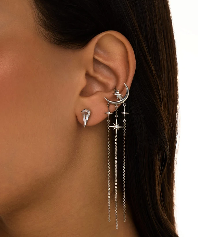 Серебряный кафф с луной и фианитами Галактика