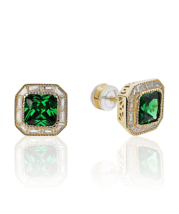 Серебряные серьги-пусеты с зеленым фианитом в покрытии желтое золото