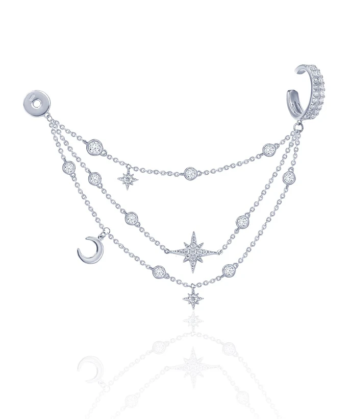 Серебряный кафф с цепями, луной и фианитами