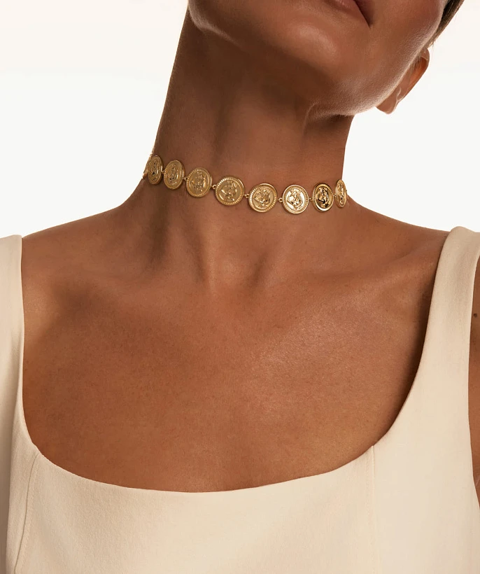 Серебряное колье-чокер из монет АМУР в покрытии желтое золото