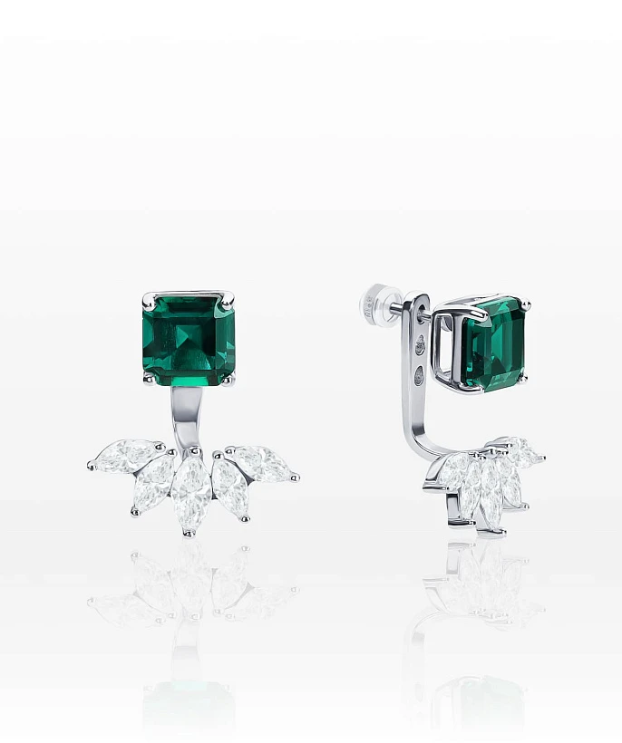 Серебряные серьги-трансформеры ESSENCE с выращенным изумрудом