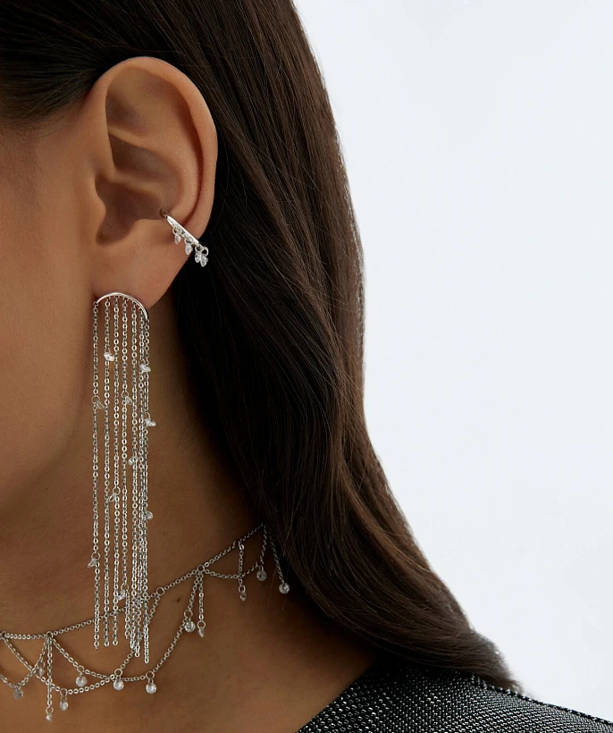 Длинные серебряные серьги с цепями и фианитами "Невесомость"