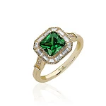 Серебряное кольцо с зеленым фианитом в покрытии желтое золото