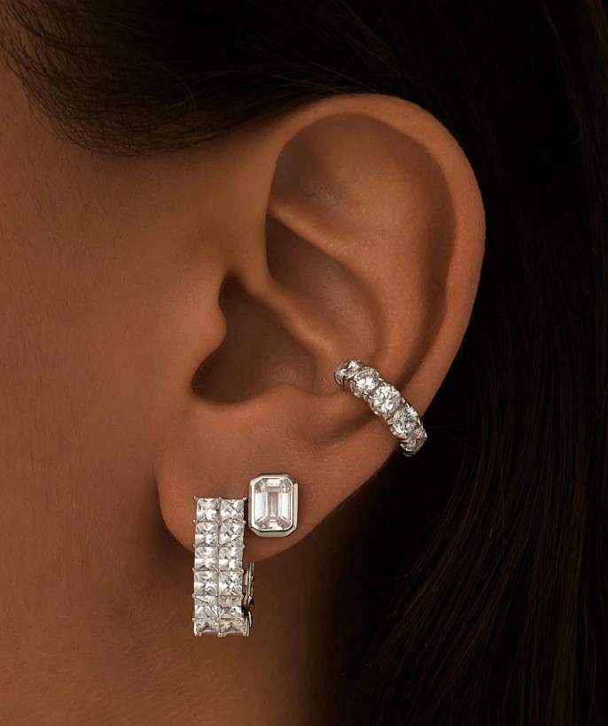 Серебряные двойные серьги с фианитами