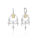 Серебряные серьги SICILIA с жемчугом, подвесками с крестами и желтым фианитом