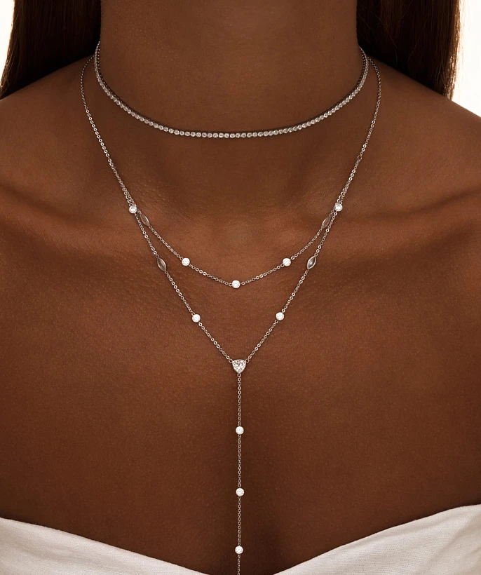 Двойное колье-галстук из серебра с фианитами