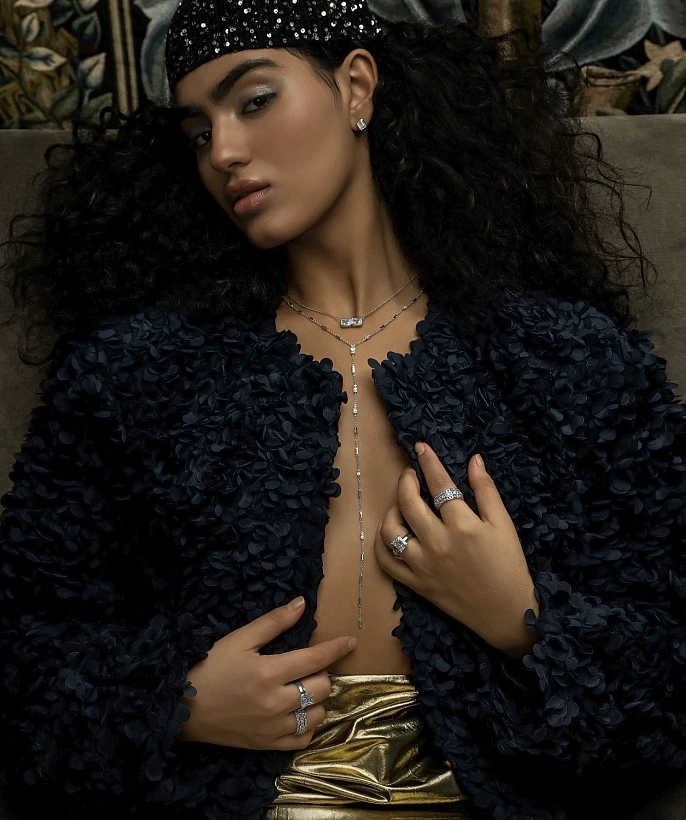 Серебряное колье-галстук Midnight с фианитами в огранке Багет 