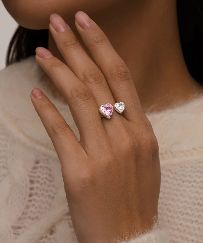 Серебряное разомкнутое кольцо SWEETHEART с двумя сердцами