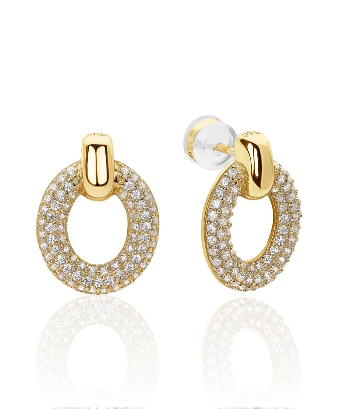 Серебряные серьги-пусеты с фианитами в покрытии желтое золото