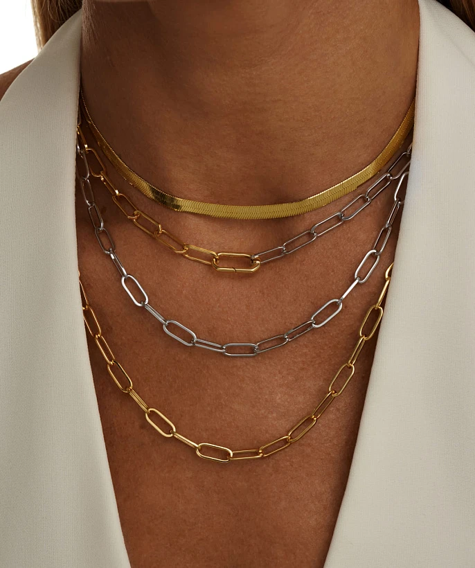 Серебряное колье-трансформер из цепей биколор