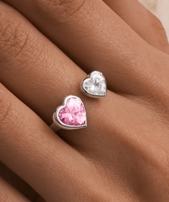 Серебряное разомкнутое кольцо SWEETHEART с двумя сердцами